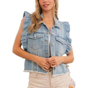 Women's Denim Vest Cotton Polyester Sleeveless Ruffled Frayed Hem Casual